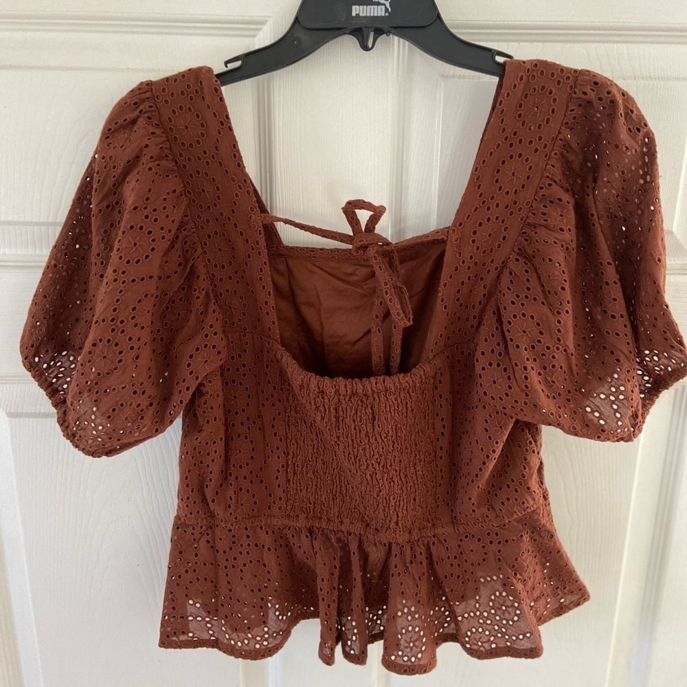 Band of the Free Women Size M Cottagecore Brown Eyelet Babydoll Smocked Tie Back - Picture 2 of 10